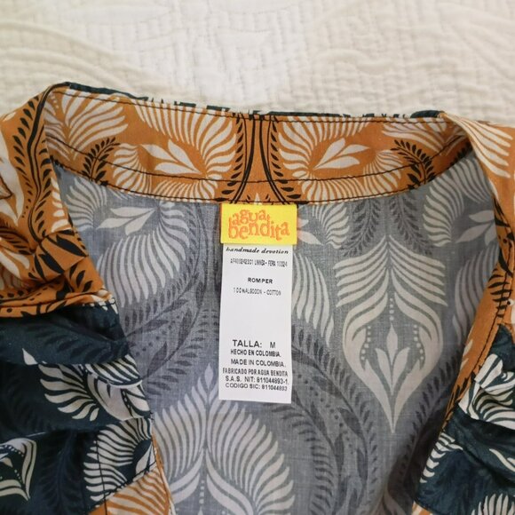 Agua Bendita Womens Boho Romper With Belt Peacock Feather Print Cotton Size M - Picture 3 of 11